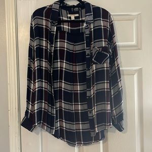 Plaid Flannel Button Up - Navy, Maroon and White